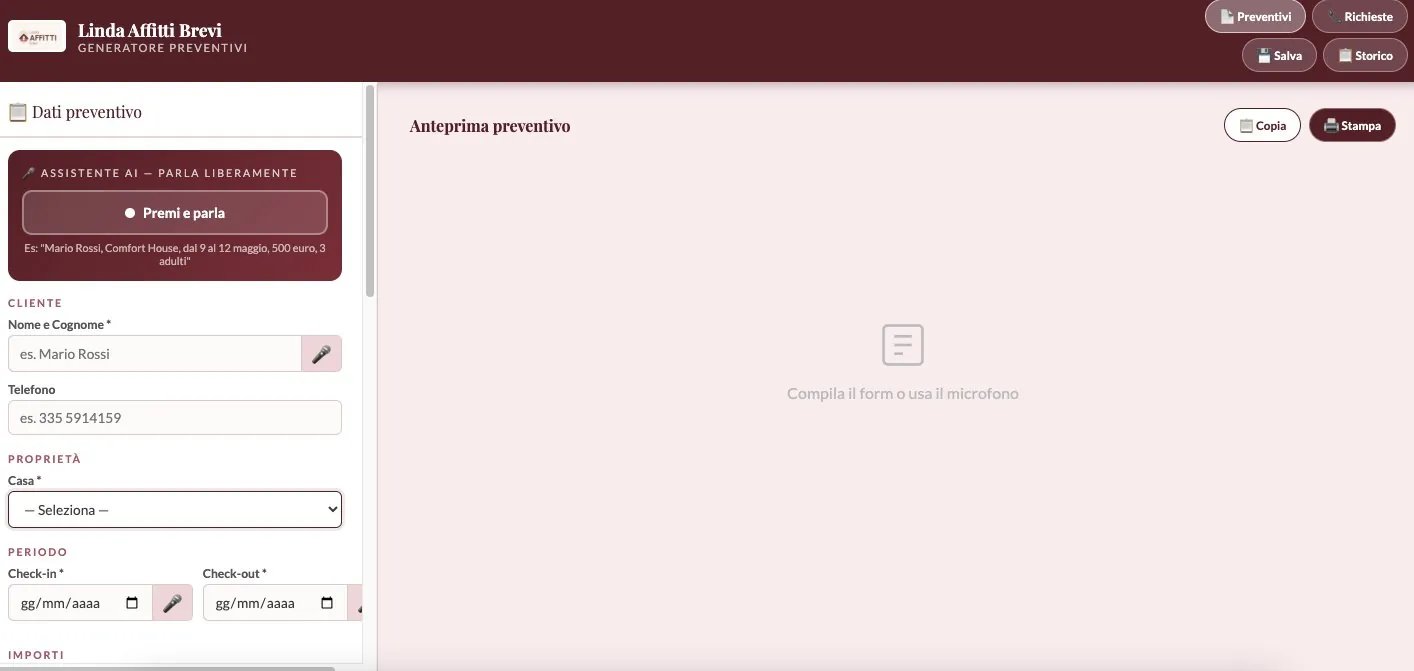 Generatore preventivi vocale Linda Affitti Brevi