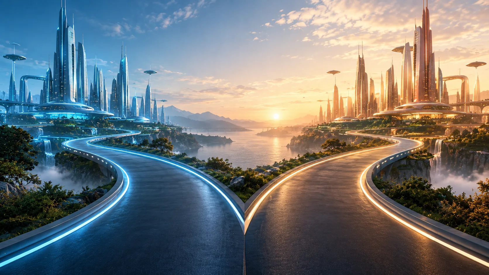 Due strade luminose si separano: a sinistra verso una città azzurra, a destra verso una città dorata al tramonto