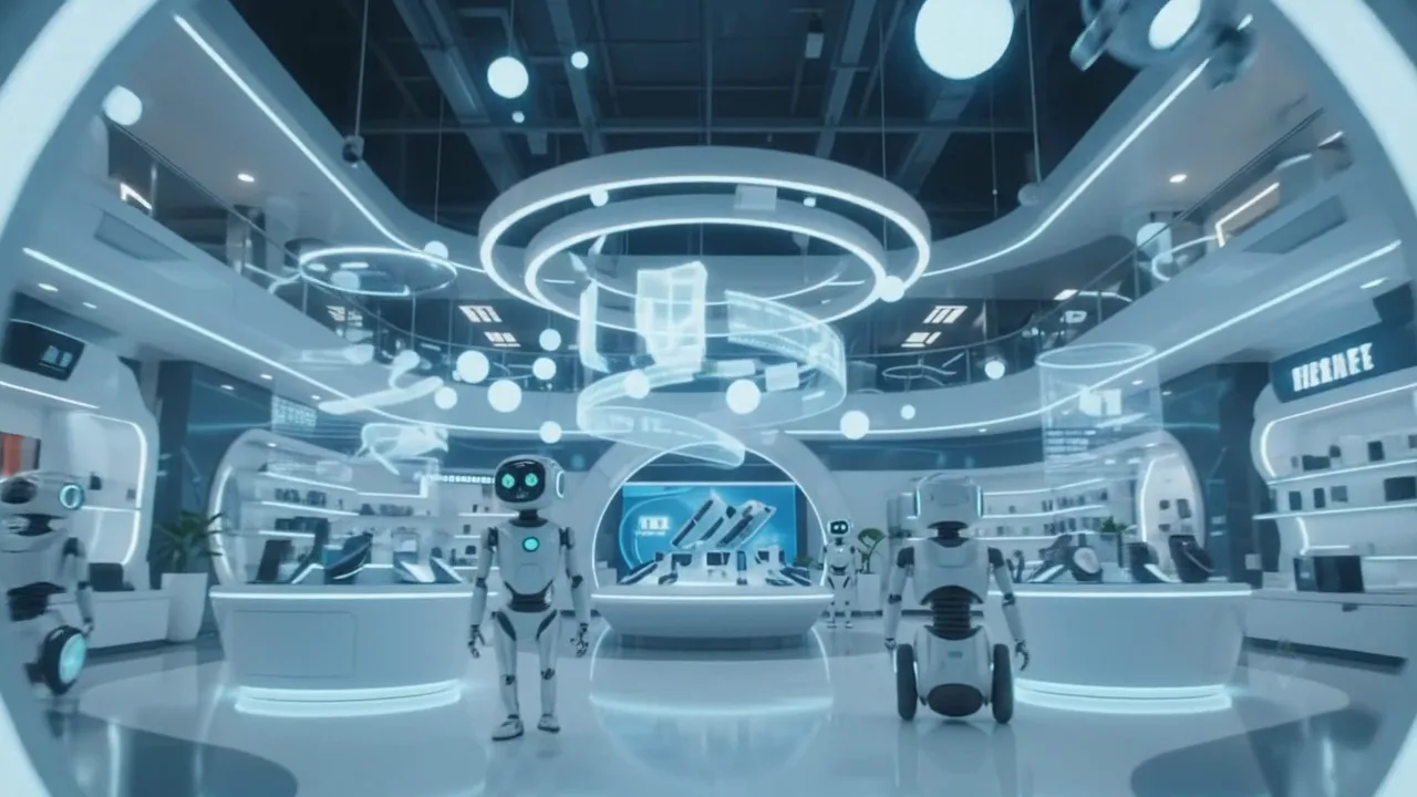 Il salone del negozio del futuro: tre banconi, robot commessi e un nastro olografico sospeso al centro